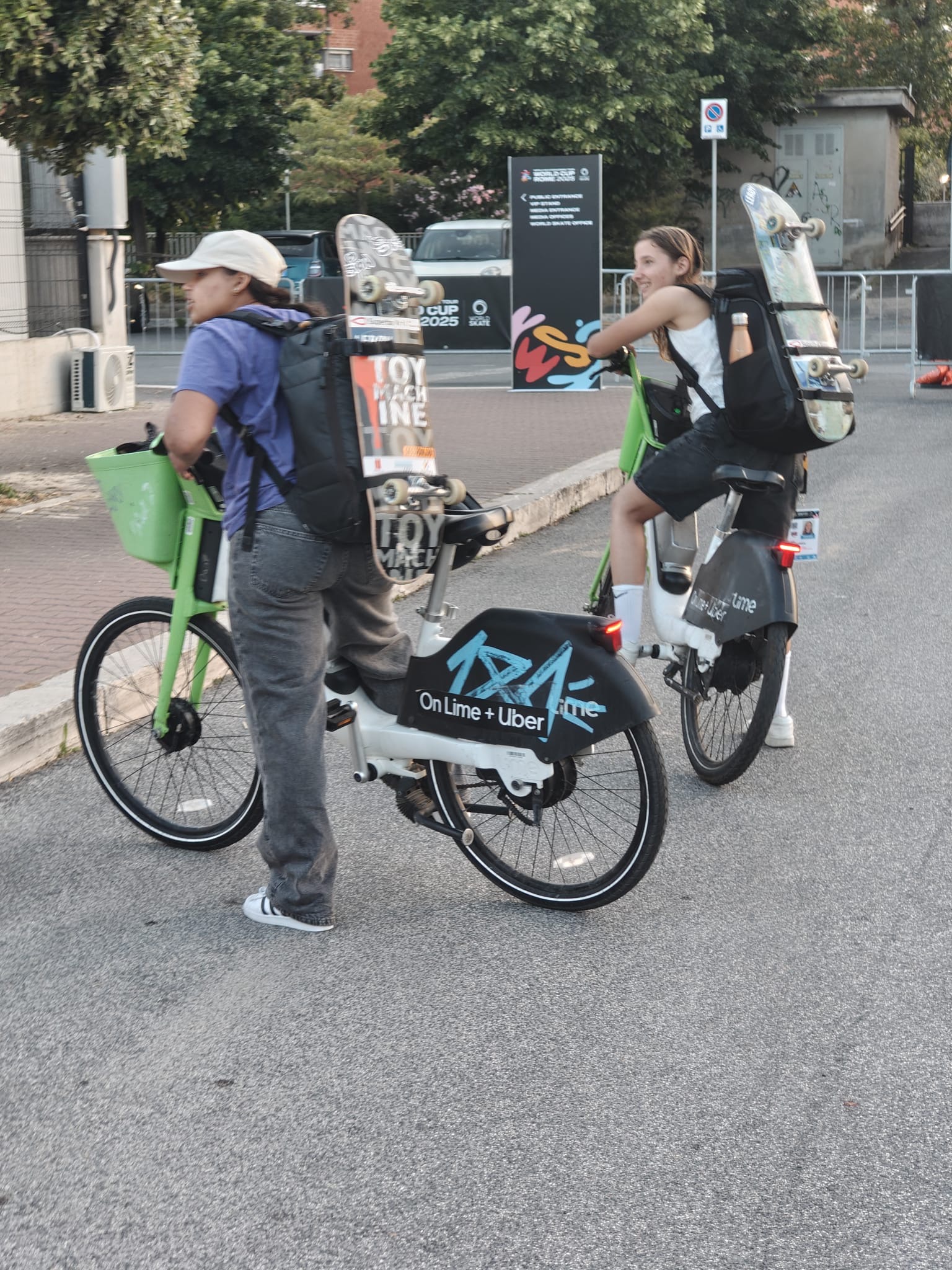 Shared bicycles with skateboards attached, promoting environmentally conscious and active lifestyle choices in city environments.